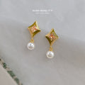 Yellow Enamel Diamond Drop Earrings Peach Pearl Pair view 1