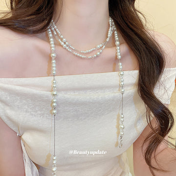 Silver Tone Long Beaded Station Necklace With Pearl Drop
