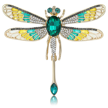 Enamel Dragonfly Drop Brooch with Polished Metal and Decorative Accents