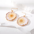 Gold Tone Irregular Pressed Daisy Resin Hook Earrings in Five Colors view 6