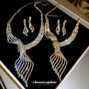 Branching Leaf Crystal Necklace And Long Earring Set In Gold Or Silver Tone