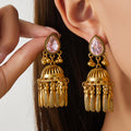 Five Color Teardrop Stone Gold Tone Bell Tassel Earrings view 5