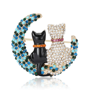 Two Cats Crescent Moon Rhinestone Brooch Multicolor Black