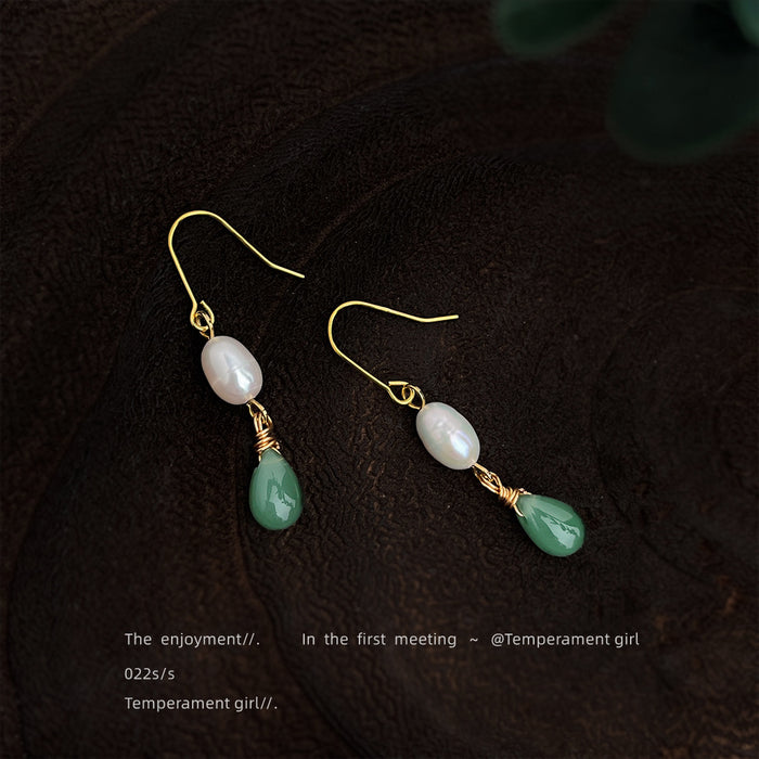 Gold Tone White Pearl And Green Teardrop Hook Earrings