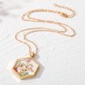 Gold Tone Hexagon Resin Pressed Flower Pendant Necklaces in Seven Designs view 4