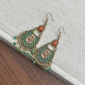 Green Enamel Teardrop Fringe Hook Earrings with Polished Metal Details view 2