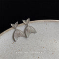 Silver Tone Ridged Double Fish Tail Drop Stud Earrings For Women view 4