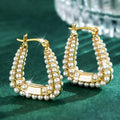 Pearl Border Square Hoop Earrings in Gold Tone Polished Metal Earrings view 2