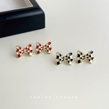 Black White Checkered Enamel Bow Stud Earrings Matching Pair