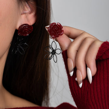 Red Rose Black Wire Outline Flower Long Dangle Stud Earrings