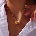 Gold Steel Hammered Ball Pearl Necklace Hoop Earring Set view 4