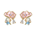 Gold Tone Pink Flower Blue Green Leaf And Clear Teardrop Stud Earrings view 5