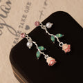 Pink Rose Vine Pearl Look Long Dangle Stud Earrings view 4