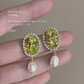 Gold Tone Olive Green Oval Stone Pearl Halo And Drop Stud Earrings view 2