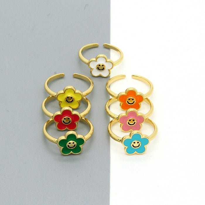 Gold Tone Enamel Smiling Flower Adjustable Open Rings in Seven Colors