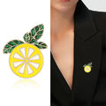 Yellow Lemon Slice Enamel Brooch with Green Leaves view 2