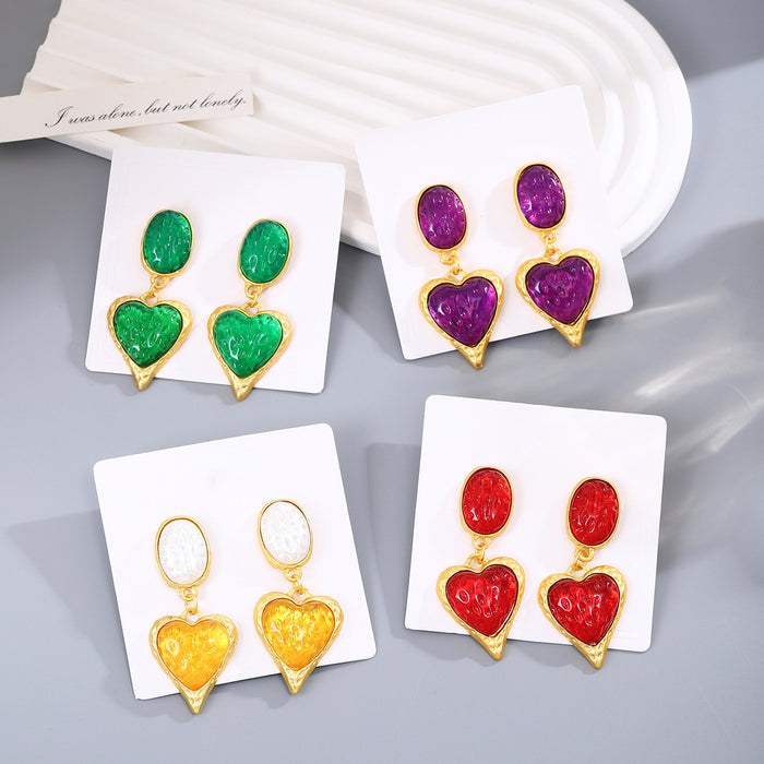 Gold Frame Textured Resin Oval Heart Drop Earrings