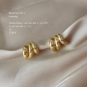 Gold Triple Band Smooth Mini Huggie Stud Earrings Pair