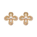 Gold Tone Crystal Petal Flower Stud Earrings With Pearl Centers view 5