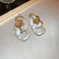 Gold Tone Link and Rounded Square Drop Stud Earrings view 4