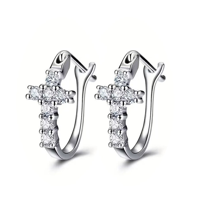 Cross Clear Stone Hinged Hoop Earrings In Three Metal Tones