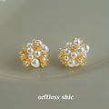 Gold Pearl Firework Cluster Stud Earrings Clear Crystal Accents view 4