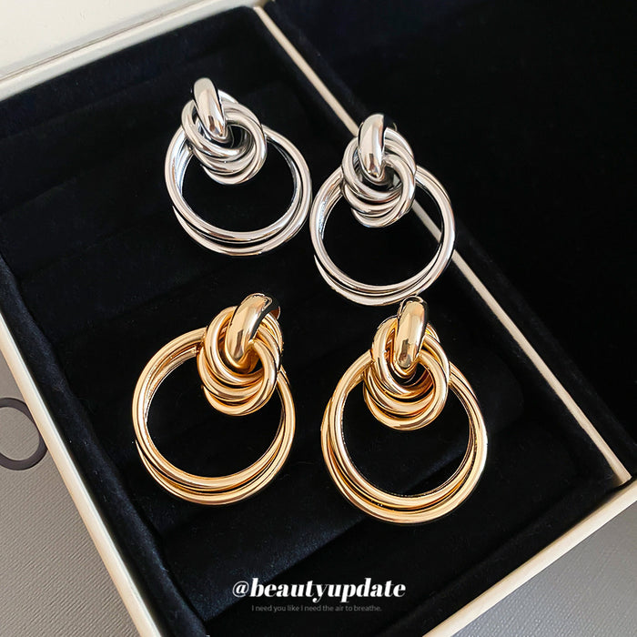 Silver Tone Knotted Multi Hoop Earrings with Smooth Loops