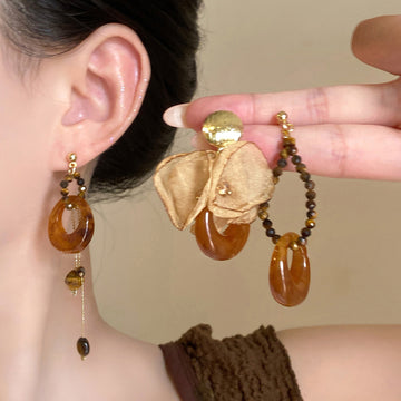Asymmetric Brown Resin And Floral Drop Earrings In Two Styles
