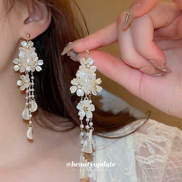 White Floral Pearl Long Cascade Earrings Fashion Jewelry