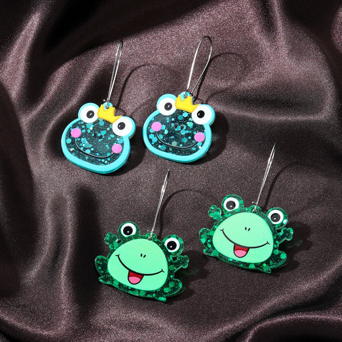 Silver Tone Glitter Cartoon Frog Acrylic Long Hook Earrings