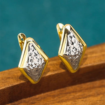 Gold Tone Diamond Shaped Huggie Earrings with Silver Inlays