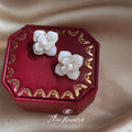White Camellia Flower Stud Earrings Gold Rim Shell Finish view 4