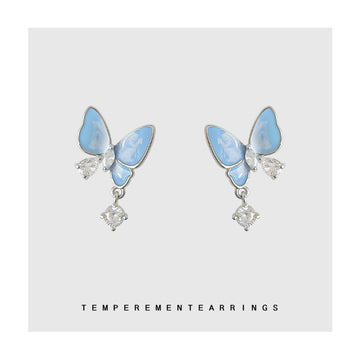 Light Blue Enamel Butterfly Drop Stud Earrings Silver Tone