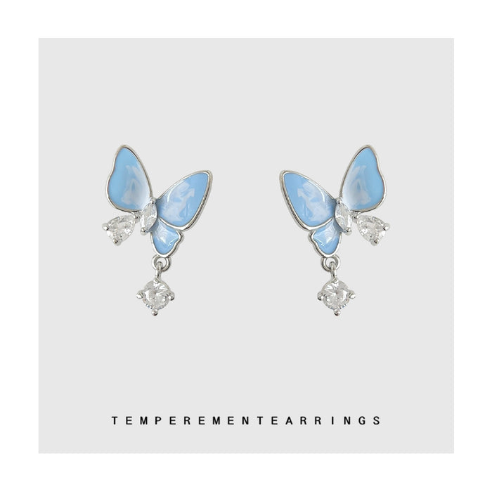 Light Blue Enamel Butterfly Drop Stud Earrings Silver Tone