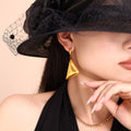 Gold Tone 3D Triangle Pyramid Drop Huggie Hoop Earrings view 1