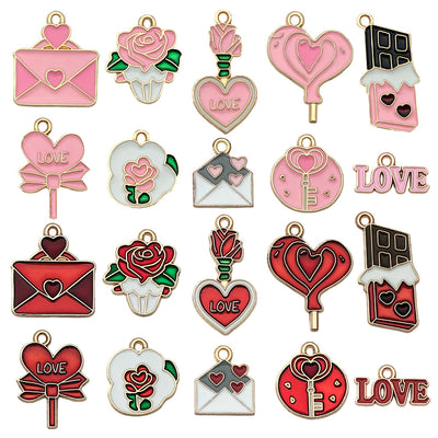 Red heart charms arranged on a light background