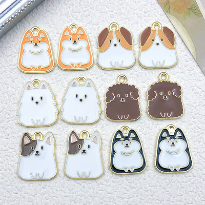 Colorful dog charms arranged on a light background