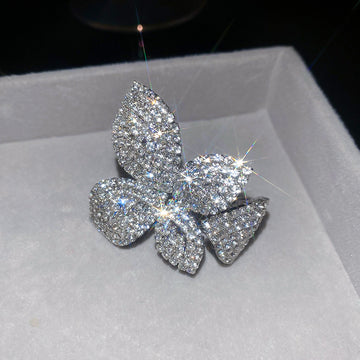 Silver Pave Rhinestone Flower Leaf Open Statement Ring