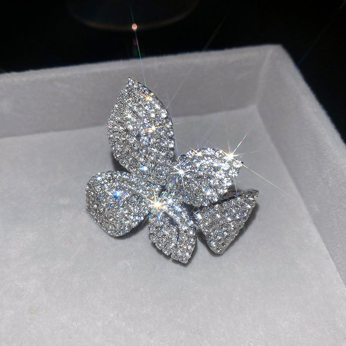 Silver Pave Rhinestone Flower Leaf Open Statement Ring
