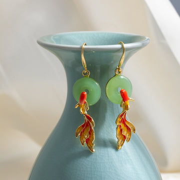 Gold Tone Koi Fish Green Disc Long Dangle Hook Earrings