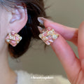 Gold Tone Mosaic Diamond Stud Earrings In Pink And Blue view 4