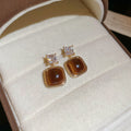 Gold Tone Brown Square Cabochon Drop Earrings With Crystal Tops view 6