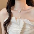 White Flower Beaded Necklace with Pearl-Look Strands view 3