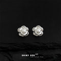 Silver Camellia Flower Pearl Center Stud Earrings Pair view 4