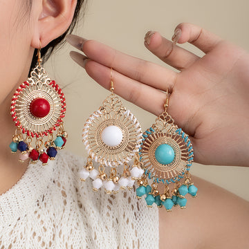Red Green and White Woven Medallion Bead Hook Earrings