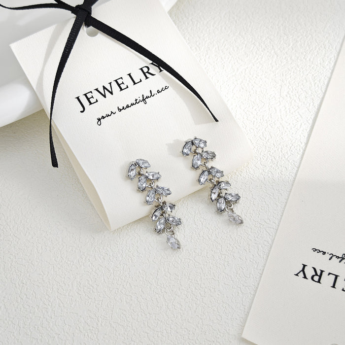 Silver Cascading Leaf Clear Look Long Stud Earrings