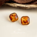 Gold Tone Square Amber Resin Stud Earrings with Soft Corners view 3