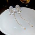 Silver Crystal Bow Long Tassel Stud Earrings Statement Pair view 6