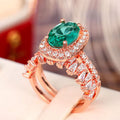 Rose Gold Tone Green Oval Halo Ring and Baguette Band Set view 5