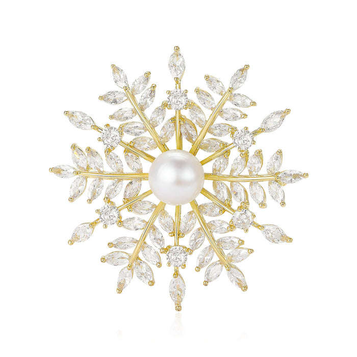Gold Snowflake Brooch Pearl Center Clear Cubic Zirconia Pin